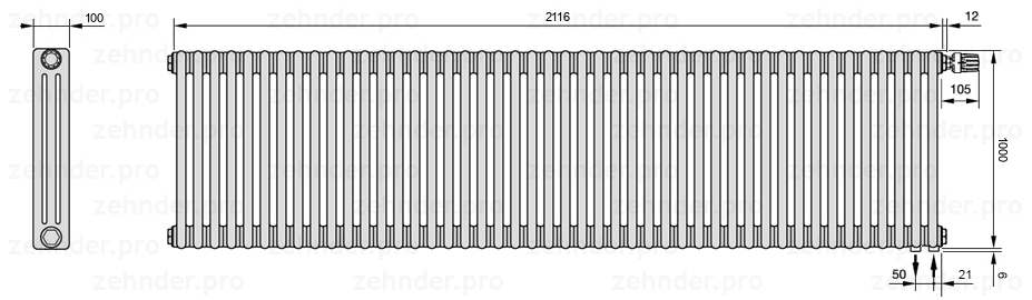 Схема (чертеж) Радиатор Zehnder Charleston 3100/46 №V002 Белый глянцевый RAL 9016